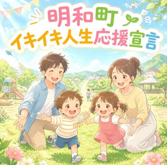 町を背景に子どもと両親が笑顔で遊んでいるイラスト