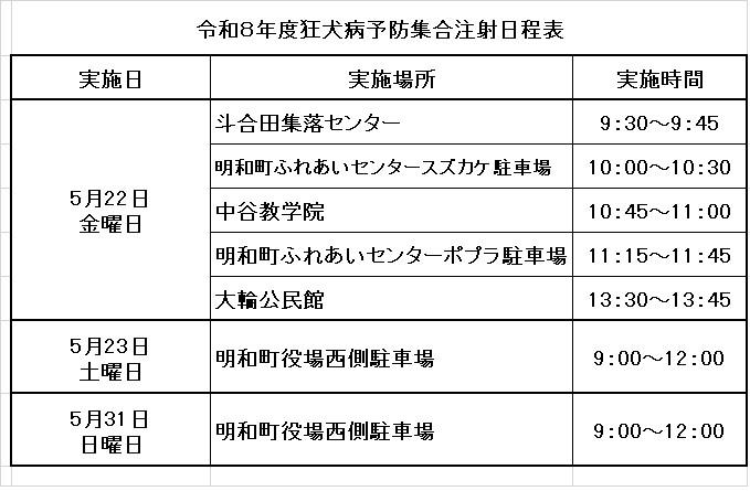 令和8年度狂犬病予防注射日程表
