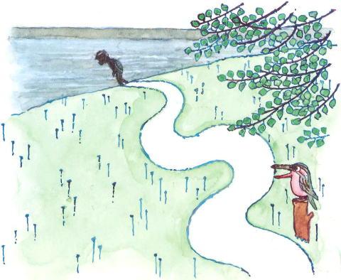 肩を落とした子ガッパが利根川へ続く道を歩いている後姿と見送る鳥のイラスト