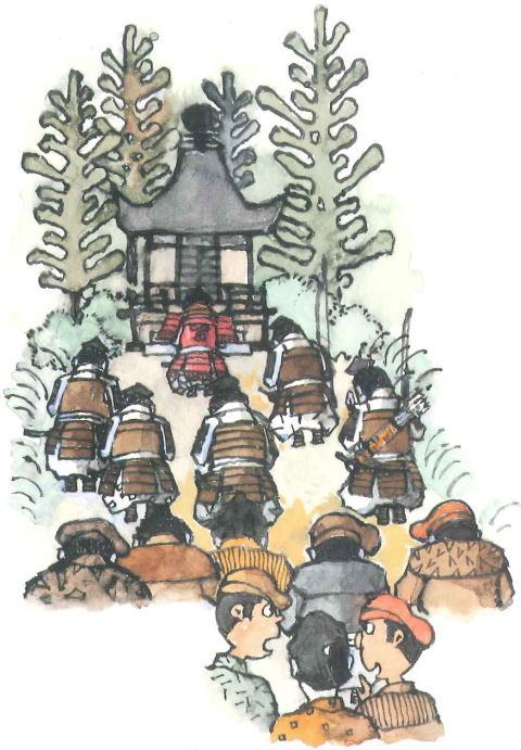 宝寿寺に馬頭観音をつくりお祈りする兵士と村人のイラスト