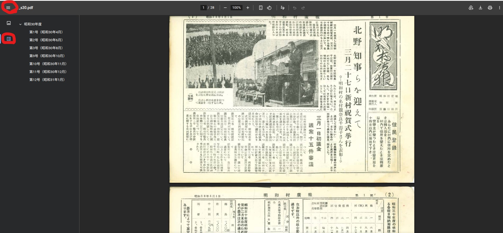 昭和30年発行の広報めいわ第1号の紙面に、村誕生を祝う記事と関係者らの写真