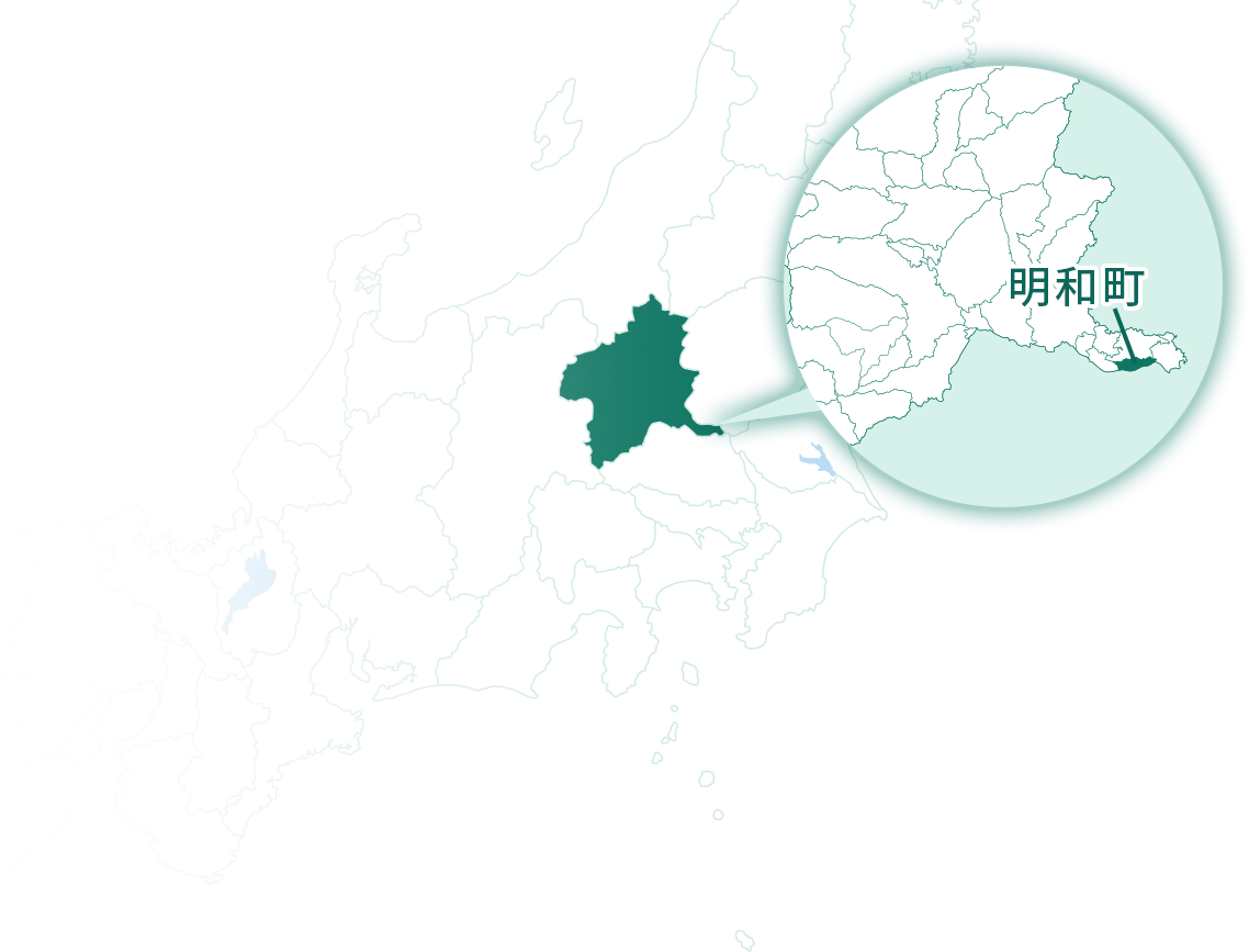 群馬県明和町の位置図。日本地図で群馬県がハイライトされており、吹き出し内の拡大図によって群馬県南東部に位置する明和町が示されている。